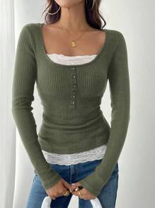 Pariaura Camiseta marrón de mujer con cuello redondo, parches de encaje y costilla desgastada, 2 en 1, para otoño/invierno - Verde militar - Ver 5