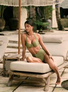 SHEIN Swim 女士露背系带吊带纯色比基尼上衣和下装套装 - 綠色 - 查看 3