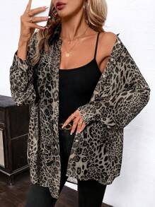 SHEIN Clasi Women's Elegant Leopard Print Chiffon Loose Front Button Long Sleeve Blouse - Grey - View 3