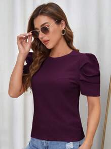 SHEIN Clasi Camiseta rosa de mujer con cuello redondo, manga abullonada y tela texturizada