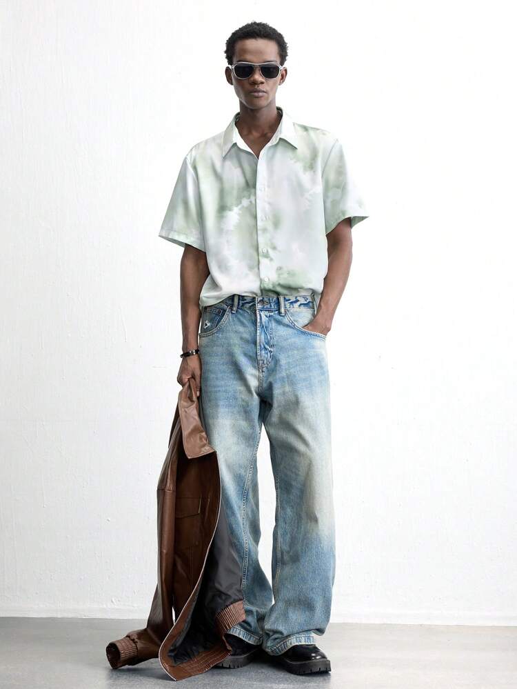 SHEIN Maija Men's Spring 2025 New Ink Gradient Lapel Design Daily Casual Fashion Simple Short Sleeve Single-Breasted Shirt, Suitable For Outing, Holiday, Valentine's Day, Date