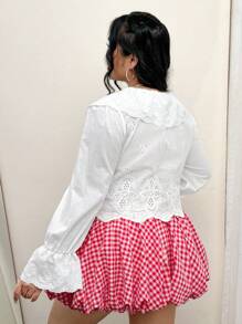 SHEIN ICON Plus Size Ruffled Collar Puff Sleeve Embroidered Blouse, Vacation, Spring