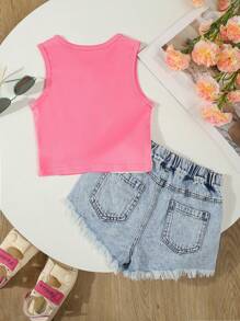 SHEIN Tween Girls 2 Pieces Set: Fitted Knit Round Neck White/Pink Top And Distressed Light Wash Denim Shorts - Multicolor - View 2