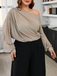SHEIN Frenchy Plus Size Casual Elegante Escritório Modesto Ruche Chiffon Blusa Ombro Aberto e Perna Reta Solta Conjunto de Calça Casual - Multicolorido - Ver 4