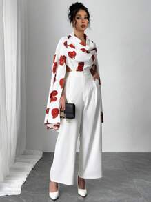 SHEIN ChicEase Conjunto de moda elegante para mujeres con impresión digital de rosas blancas y rojas para el Día de San Valentín - Blanco - Ver 6