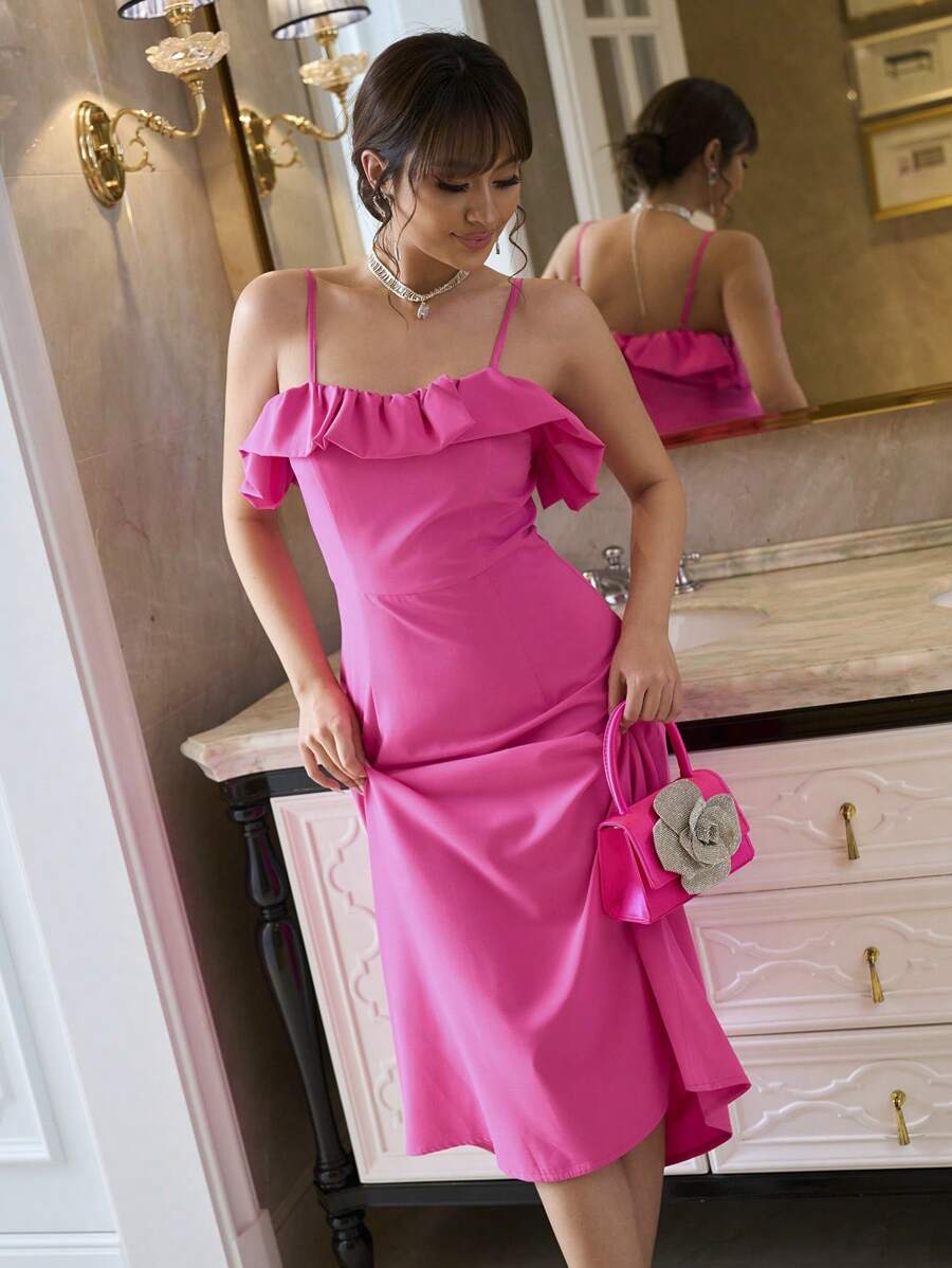 Elenzga 女式紫红色褶饰修身吊带裙 - 玫紅色 - 查看 1