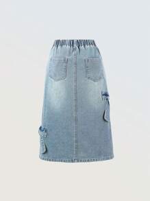 Sparklyn 适合少女的复古牛仔中长裙，休闲都市风格，侧边蝴蝶结、磨边下摆和松紧腰带 - 銅色 - 查看 2