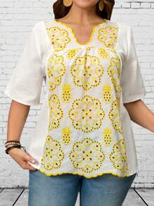 EMERY ROSE Plus Size Women Burn-Out Embroidered Short Sleeve Casual Loose Blouse Spring For Women Vacation Country - Multicolor - View 6