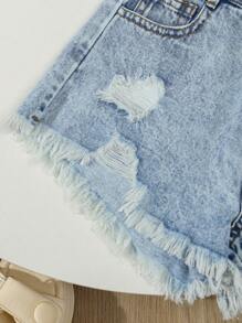 SHEIN Tween Girls 2 Pieces Set: Fitted Knit Round Neck White/Pink Top And Distressed Light Wash Denim Shorts - Multicolor - View 6