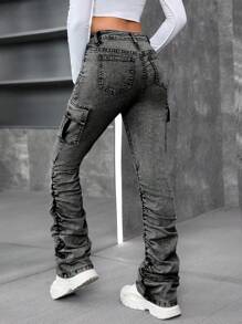 SHEIN Teen Girls Y2K Stonewashed Flared Jeans With Pleats And Flap Pocket Stacked Jeans - Light Grey - View 2