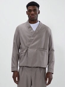 Musero 和服式裹身西装外套，领带细节设计，插袋西装外套，春夏必备剪裁单品 - 灰色 - 查看 4