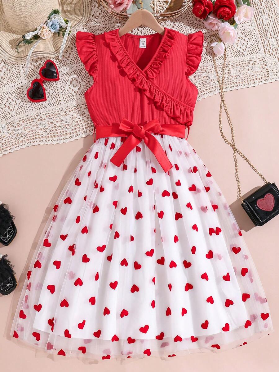 Tween Girl Valentines Day Heart Net Mesh Flutter Sleeveless Criss-Cross Collar Princess Dress Outfit - Red - View 1
