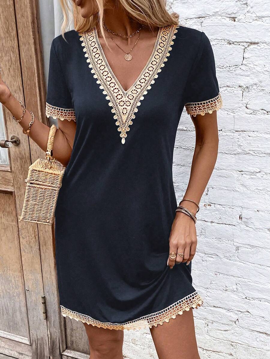 SHEIN LUNE 女士 V 领撞色蕾丝短袖休闲连衣裙 - 藏蓝色 - 查看 1