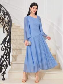 Modelyn Abito lungo elegante da donna, con maniche lunghe, collo asimmetrico e pieghe, in colore unito