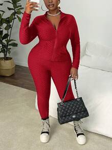 Slaydiva Plus Size Black Zippered Mock Neck Textured 2 Pieces Athleisure Set - Z