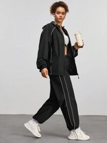 女士字母印花连帽夹克和裤子户外套装