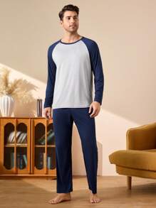 SHEIN Bộ đồ ngủ 2 món gồm áo dài tay phối màu và quần dài cho nam, đồ ngủ, quần áo thu đông - Xanh đậm - Xem 4