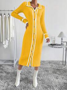 SHEIN Clasi Women Collar Button Front Long Sleeve Fitted Sweater Dress - Multicolor - View 8