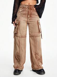 ROMWE Grunge Punk Y2K 复古破洞翻盖口袋洗水锈色宽松直筒低腰牛仔裤 - 棕色 - 查看 6