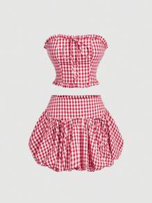 SHEIN MOD 2 件套女士红色格子短款抹胸上衣和荷叶边迷你裙 - 紅色 - 查看 1