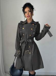 Elenzga Double Breasted Cinched Waist Princess Seam Fitted Metal Button Ruffle Trim Trench Coat - Dark Grey - View 3