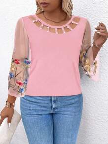 Plus Size Women Solid Color Patchwork Round Neck Long Sleeve Hollow Out Casual Blouse