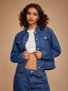 Forever 21 女式前扣长袖口袋休闲牛仔夹克 - 藍色 - 查看 6