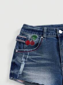 ROMWE Kawaii Cute Vintage American Cherry Embroidery Fringed Low Waist Mini Denim Shorts For Women, Suitable For Summer Concert, Festival, Beach Vacation