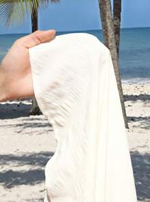 Slaydiva Plus Size Shell Decor Asymmetric Hem Skirt 2 Pieces Set, Linen Feel - White - View 7