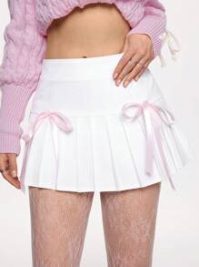 ROMWE Academia 女士休闲甜美蝴蝶结腰褶迷你裙 - 白色 - 查看 6