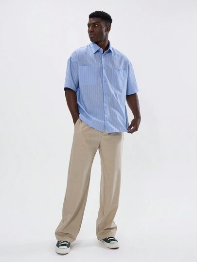 Musero Camisa de manga corta con botones y cuello, de rayas, sobredimensionada con dos bolsillos parche, esencial de primavera y verano