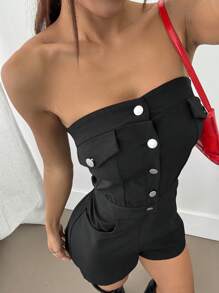 SHEIN Unity 休闲风格编织左右口袋，正面和中心彩色纽扣闭合，合身女式连体衣 - 黑色 - 查看 1