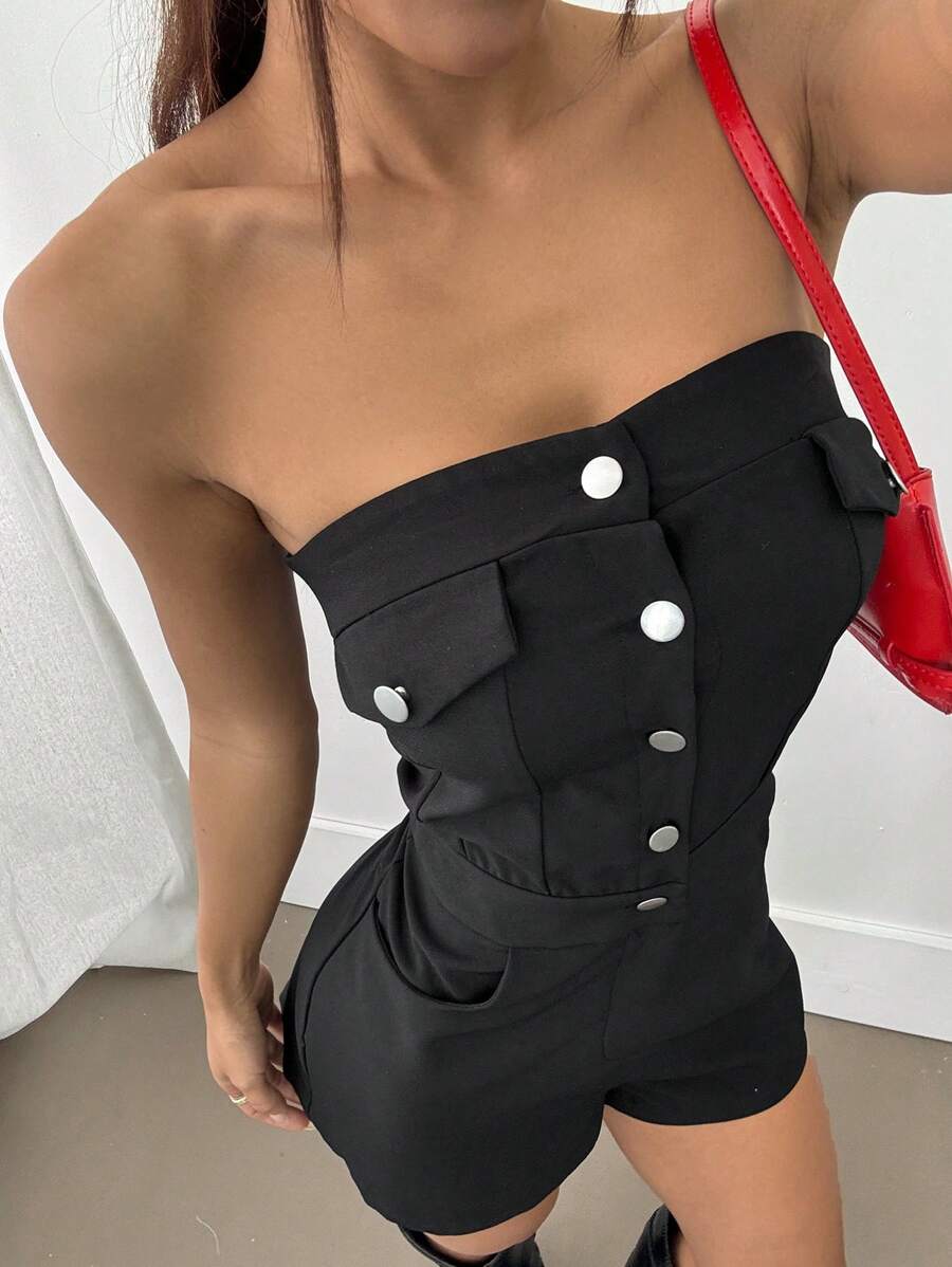 SHEIN Unity 休闲风格编织左右口袋，正面和中心彩色纽扣闭合，合身女式连体衣 - 黑色 - 查看 1