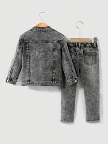 SHEIN Young Boys' 2pcs/Set Street Cool Retro Grey Denim Lapel Long Sleeve Denim Jacket And High Stretch Skinny Jeans,For Young Boys School And Daily Wear Clothes