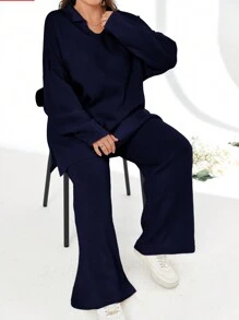 EURMUSE 2pcs/Set Solid Color Turn-Down Collar Sweater And Long Pants Outfit - Navy Blue - View 4