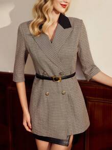 Vintamour 复古经典优雅女式修身3/4袖格子薄款西装外套，撞色金属纽扣夹克，春夏情人节商务休闲女式教堂服装女装 - 咖啡棕 - 查看 3