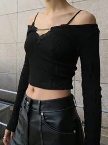 DAZY Camiseta corta de estilo callejero con tirantes, ajustada y de manga corta para mujer, tops de manga larga para mujer - Negro - Ver 9