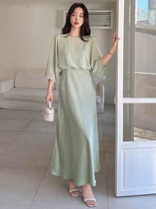 DAZY 女士圆领短袖网纱拼接休闲中长连衣裙吊带裙长款连衣裙 - 綠色 - 查看 5