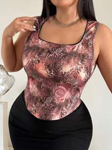 SHEIN SXY Plus Size Women Sexy Skin-Tight Cropped Top With Allover Leopard Rose Print,Suitable For Everyday Wear,Festival,Date Night,Birthday,Bachelorette Party,Wedding,Elegant,Casual,Shopping, Streetwear,Going Out,Easy To Match&Looks Slim,Accent Your Body,Flatter The Figure