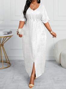 SHEIN Lady Plus Size V-neck Krótki rękaw Prosta Błyszcząca Rozcięta Maxi Sukienka Codzienna Walentynki Nowy Rok Impreza Sukienka Imprezowa Sukienki Na Imprezę Urodzinową Długa Sukienka Damska - Biały - Zobacz 5