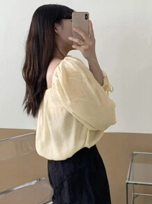 DAZY 女士短款方领长袖休闲宽松衬衫 - 黃色 - 查看 5