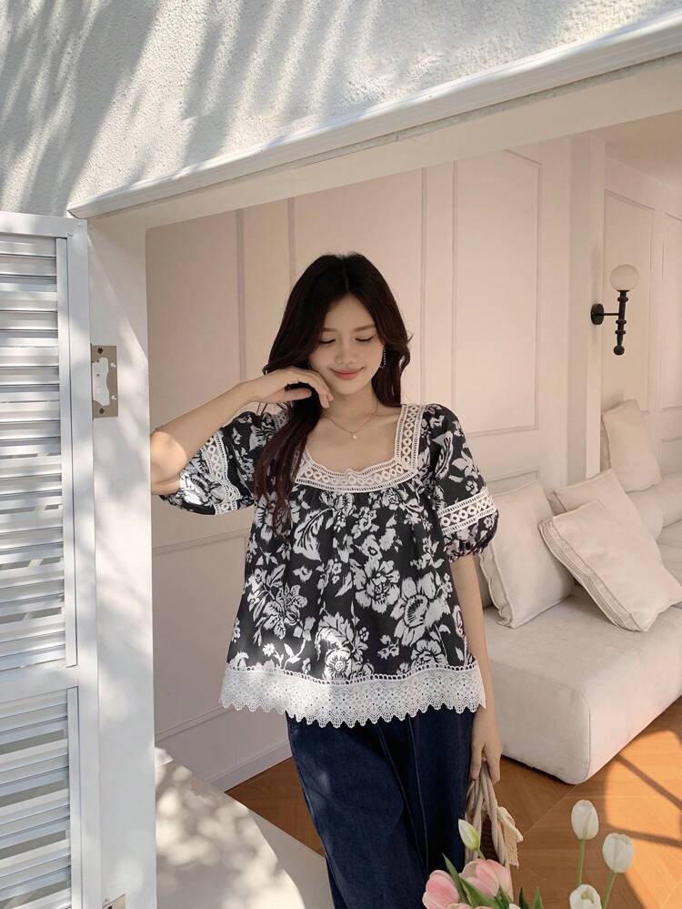 Women Floral Print Lace Patchwork Short Sleeve Tie Front Top,Babydoll Top Graphic Tee