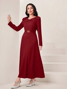 Al Najma Women's Wine Red Elegant Big Lapel Long Sleeve Patchwork Waistband Slimming Arabic Long Dress, Arabian Dresses - Burgundy - View 1