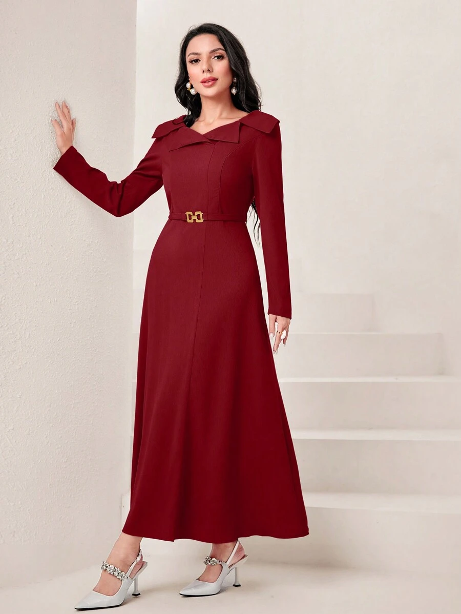 Al Najma Women's Wine Red Elegant Big Lapel Long Sleeve Patchwork Waistband Slimming Arabic Long Dress, Arabian Dresses - Burgundy - View 1