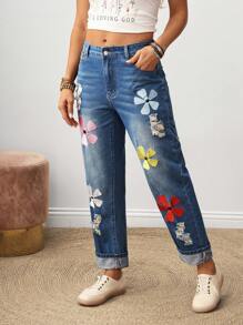 EMERY ROSE 女士花卉刺绣口袋休闲直筒牛仔裤