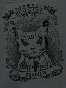 ROMWE Goth Plus Size Oversized Cat Print Asymmetrical Neck Drop Shoulder Short Sleeve T-Shirt