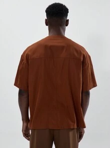 Musero Grandad Collar Button Through Double Patch Front Pocket Short Sleeve Drop Shoulder Top Spring Summer - Brown - View 3