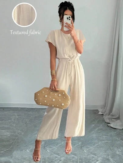 Chiquease Women's Plain Crew Neck Short Sleeve Tie Front Jumpsuit, Casual And Simple