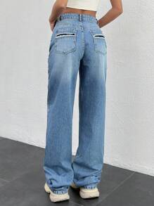 EURMUSE HIGH WAIST BACK DETAILED STRAIGHT LEG JEAN - Medium Wash - View 4