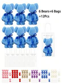 12PCS/Set Soft Coral VelvetBear Bath Towel Gift Set With 6 Hand Towels 6 Gift Bags For Wedding BirthdayParty Favors Souvenirs Christmas Gifts Blue Luxury Velvet Absorbent Unisex Home Decor(Alphabetical Order Of The Ribbons Is Random)